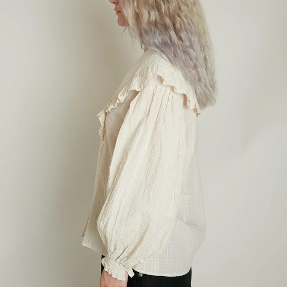 Beams Boy O.Big ruffled collar blouse, one size, blue check - Picture 8 of 11